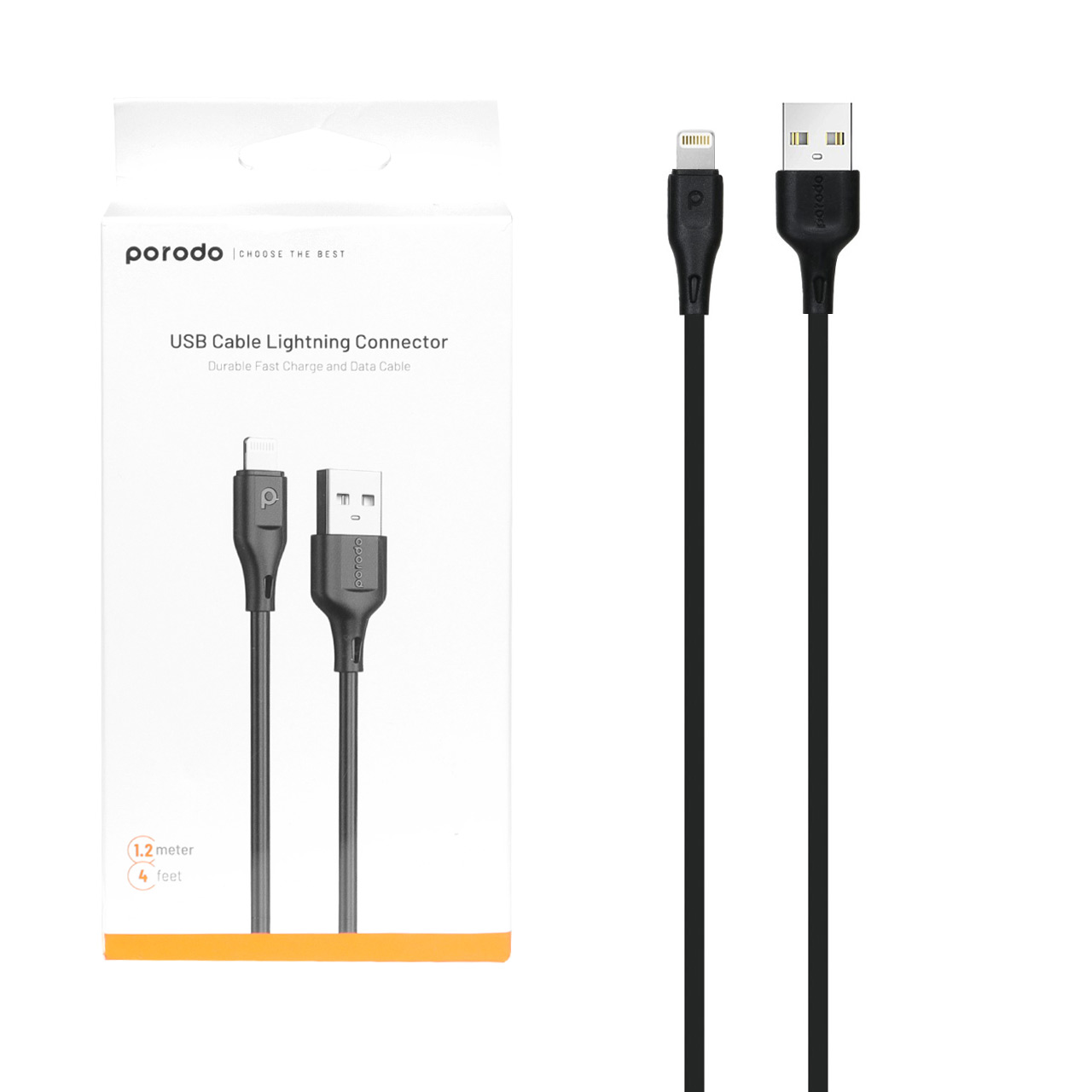کابل شارژ فست 1.2 متری آیفون Porodo مدل PD-U12LC-BK