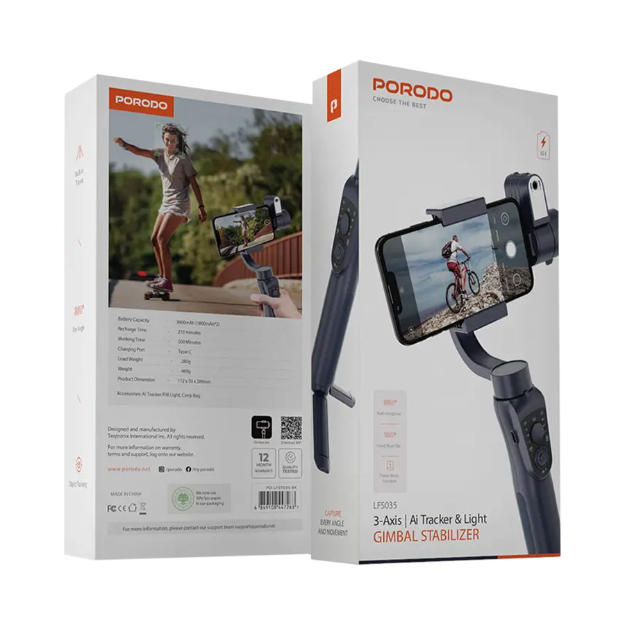 لرزشگیر Porodo 3 Axis Ai Tracker Light Gimbal Stabilizer